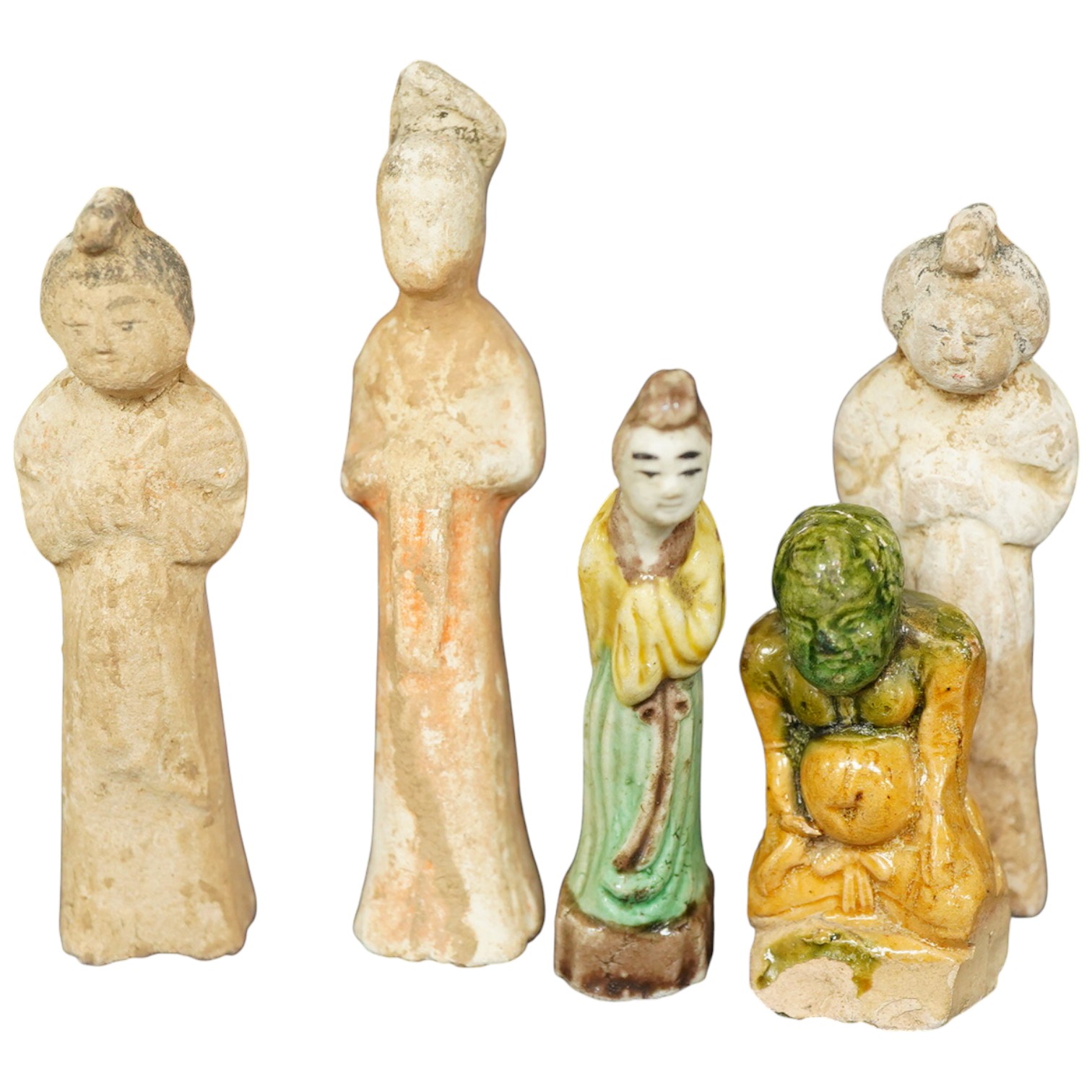 A Chinese Ming sancai small figure, three miniature pottery figures of ladies, Tang dynasty or later, and a sancai glazed figure (5)